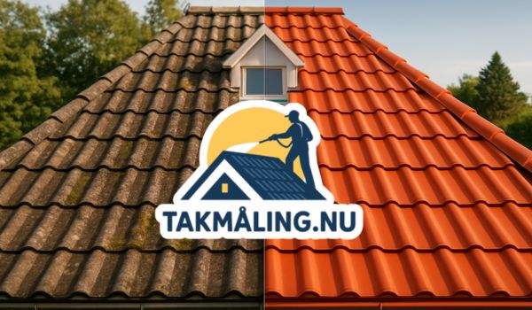 Takmålning.nu – Före och efter takmålning Takmålning.nu logotyp på ett före- och efterbildat tak – resultat av professionell takmålning